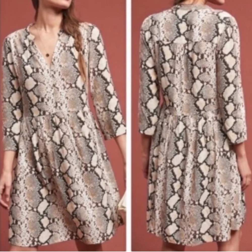 Anthropologie Maeve Juno Snake Print Mini Short Dress V Neck Size Small Flowy‎